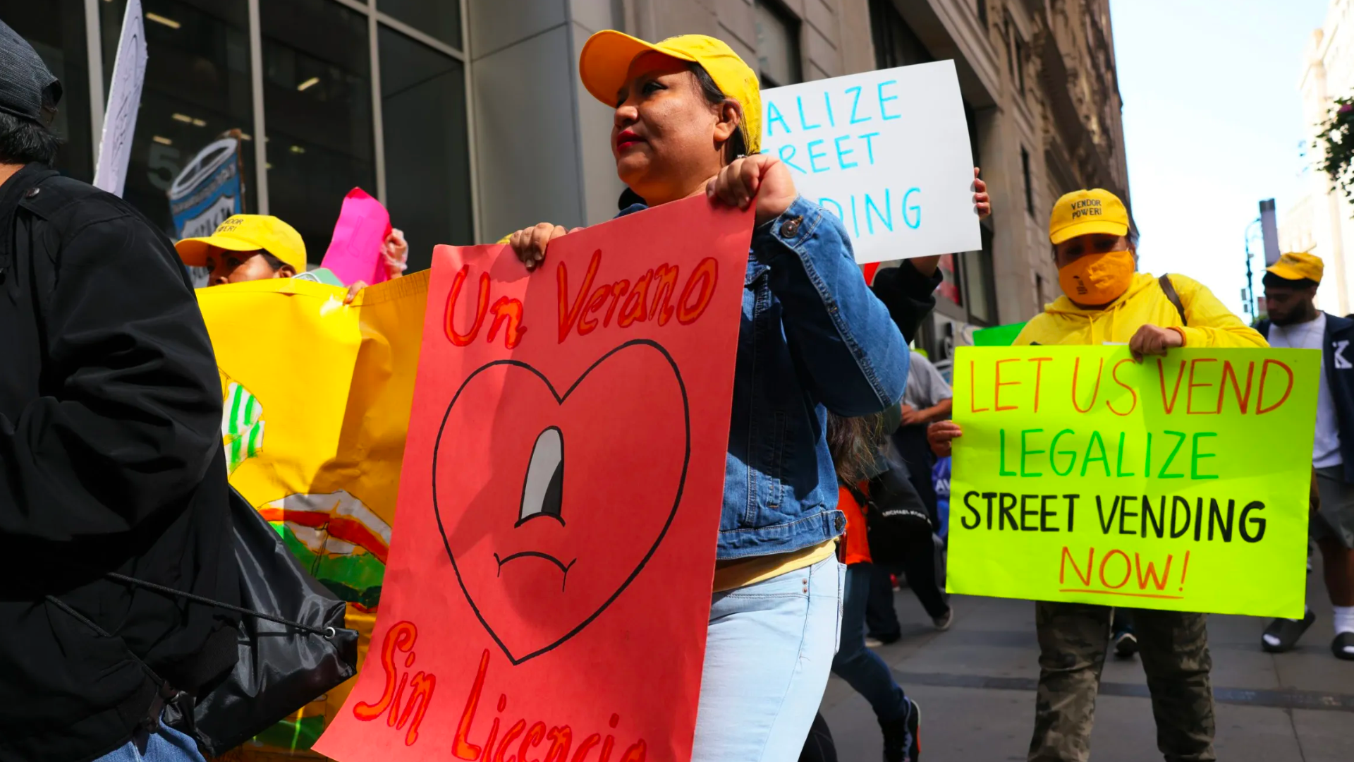 Street vendors march on Broadway calling to end the criminalization of immigrant street vendors on Sept. 29, 2022, in New York City. Street vendors from all five boroughs were joined by various organizations and elected officials for a march and rally at City Hall demanding an end to the criminalization of vendors and asking for better access to licenses and small business services for vendors. (Photo by Michael M. Santiago/Getty Images)